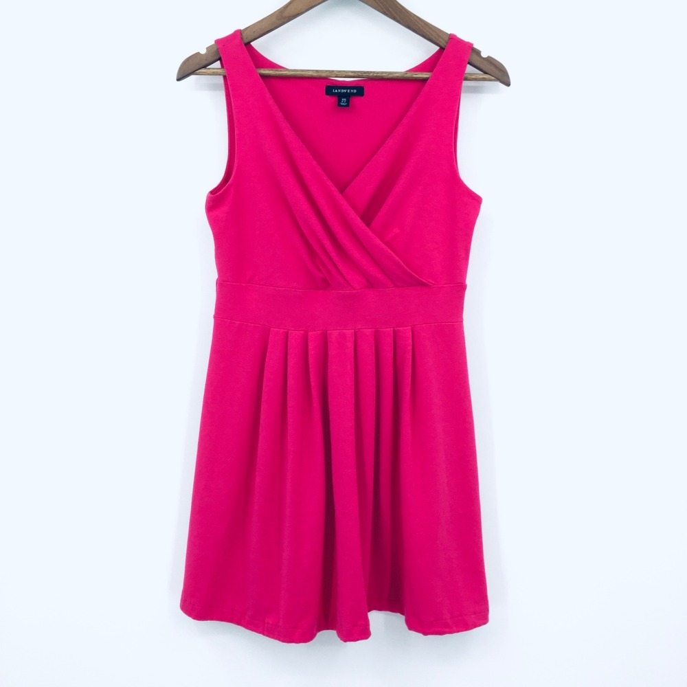 Lands End Sleeveless Fit‎ & Flare Dress Womens XS Pink Preppy Vacation Surplice